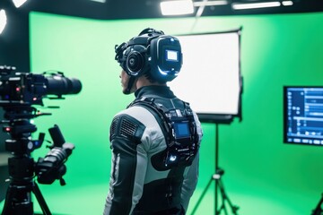 A film actor wearing a motion capture robot suit on a film set, surrounded by a green screen and professional film lighting. The scene captures the high-tech process of creating CGI and special effect