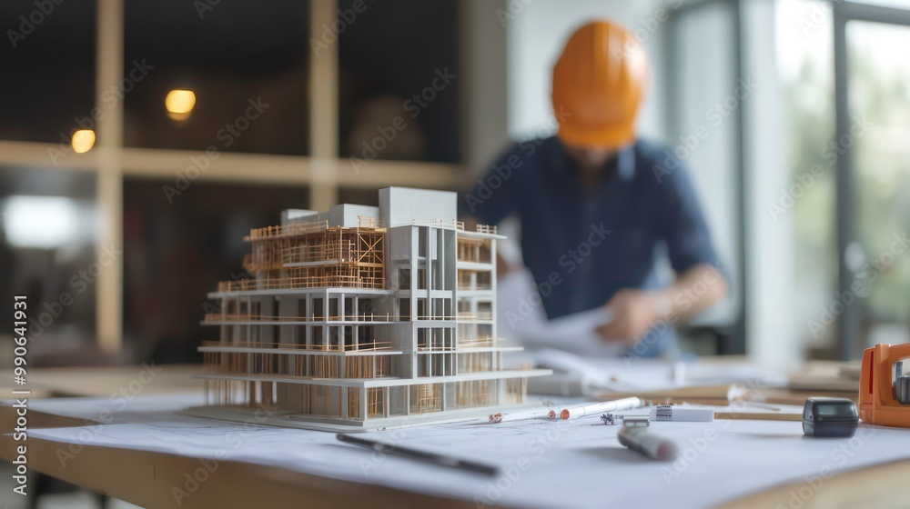 Poster A model of a modern building with scaffolding sits on a table with blueprints and tools, with a blurred figure of an architect wearing a hard hat in the background.