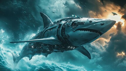 Fototapeta premium A Metallic Shark Soaring Through Stormy Seas