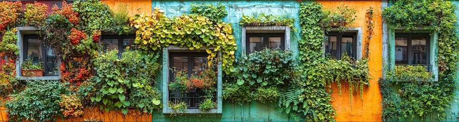 Vibrant Greenery on Colorful Wall in Urban Setting