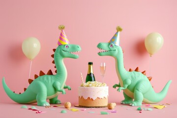 Obraz premium Two adorable green dinosaurs, donned in colorful party hats, joyfully gather around a delicious cake and champagne, celebrating a whimsical party in a pink paradise.