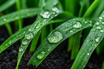 Close-up of fresh green leaves with water droplets on a rainy day, representing nature and environmental freshness.