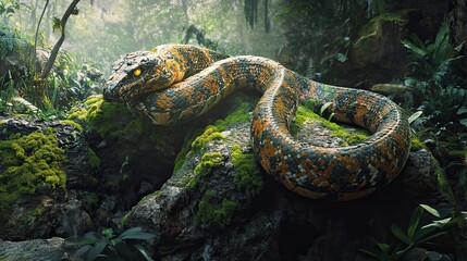Fototapeta premium A Large, Camouflaged Snake Coiled on Moss-Covered Rocks in a Lush Jungle