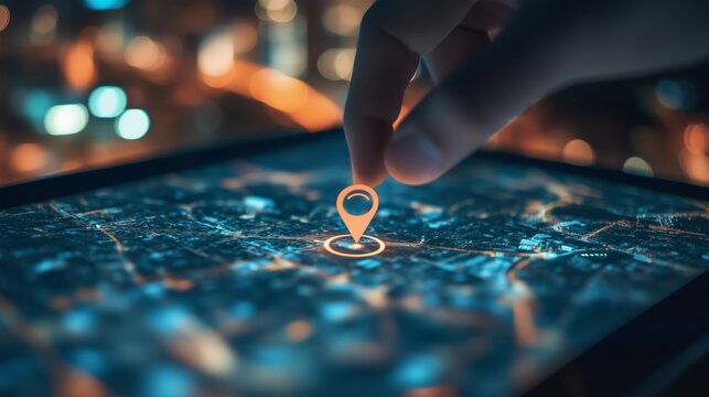 A person selects a location on a digital map during nighttime in an urban environment with bright city lights