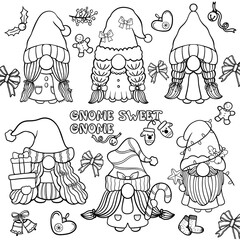 Cute cartoon Christmas gnomes Outline Doodle for Coloring page. illustration isolated on white background.
