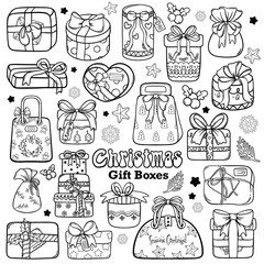 Christmas Gift Boxes Outline Doodle Set for Coloring page. illustration isolated on white background.