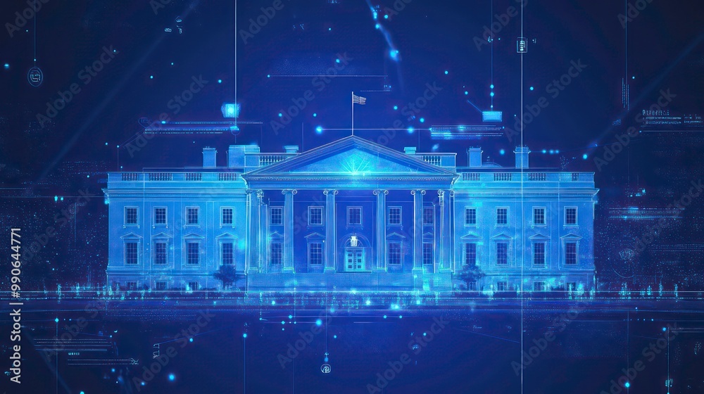 Poster Digital rendering of the White House with a blue neon glow, surrounded by glowing lines and dots on a dark blue background.