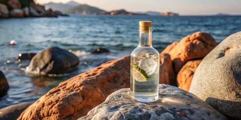 Obraz premium bottle of wine on the beachbottle, glass, oil, olive, food, alcohol, isolated, drink, white, liquid, vinegar, wine, yellow, olive oil, green, restaurant, ingredient, cooking, healthy, brandy, beverage