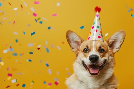 A cheerful dog enjoys a birthday party, sporting a festive party hat as colorful confetti fills the air, creating a joyful atmosphere of celebration.