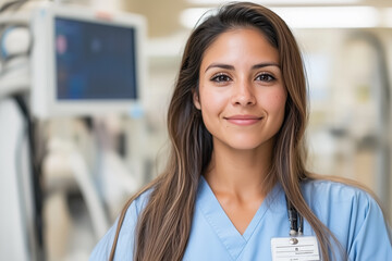 Fototapeta premium Smiling female healthcare worker in scrubs, confident and professional in a hospital setting