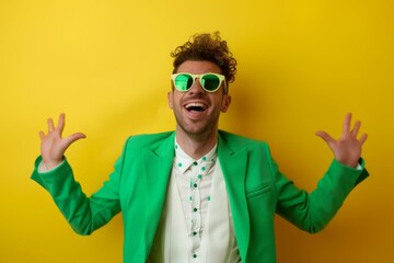 A stylish young man enjoys the festive spirit of St Patrick's Day, dancing and expressing happiness in a bright green suit and sunglasses against a sunny yellow background.