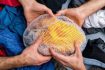 A person packing white sneakers and a blue sweater into a yellow mesh bag on a bright blue background, showcasing a sustainable lifestyle and eco-friendly habits.