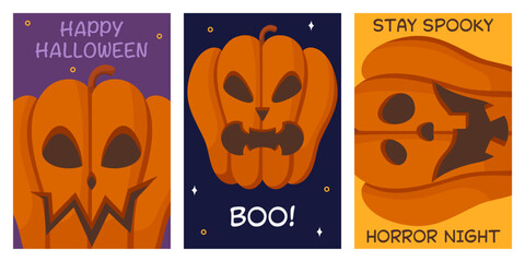 Happy Halloween poster set with pumpkins with different facial expressions. Trendy flat style and funny characters. Collection of cute colorful vector posters for postcard, flyer, banner.