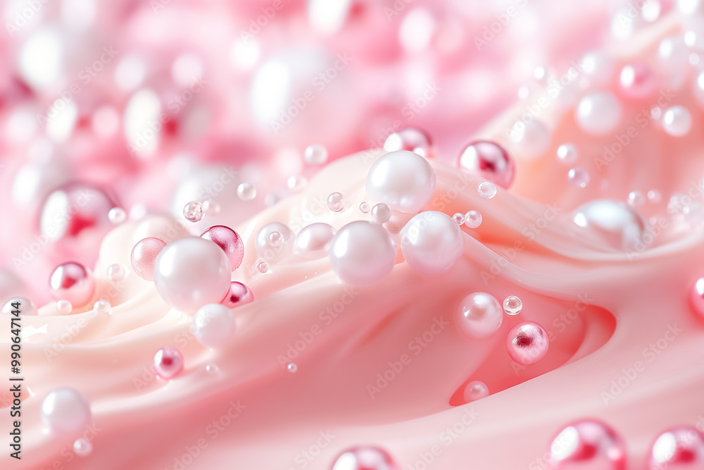 Poster delicate swirls of pink and white create an abstract background, adorned with glossy pearls and bubb