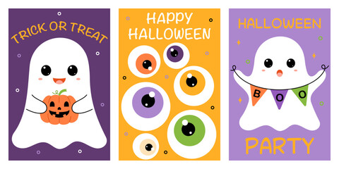 Happy Halloween poster set with with ghosts, eyes. Trendy flat style and funny characters. Collection of cute colorful vector posters for postcard, flyer, banner.