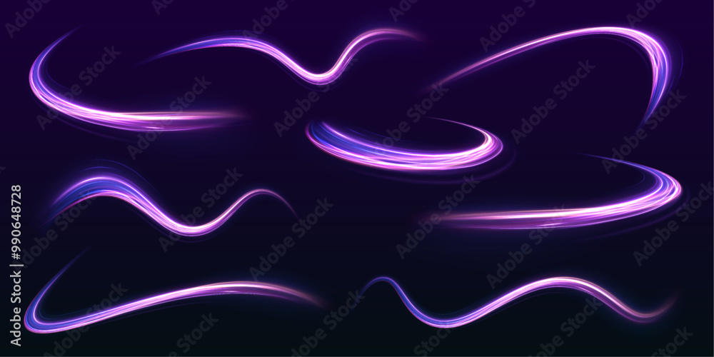 Poster set of neon lines blurred in motion on a race track. acceleration speed motion on night road. high s
