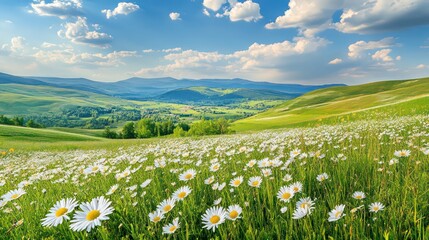 Fototapeta premium A field of daisies in the foreground with rolling hills in the background and a bright blue sky.