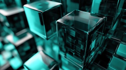 Obraz premium Innovative 3D render of neatly stacked translucent cubes in turquoise and black, forming a high-tech abstract background