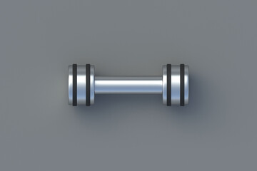 Glossy dumbbells on gray background. Healthy lifestyle. Athletic equipment. Hobby and leisure accessories. Professional inventory. Lifting of physical power. Top view. 3d render