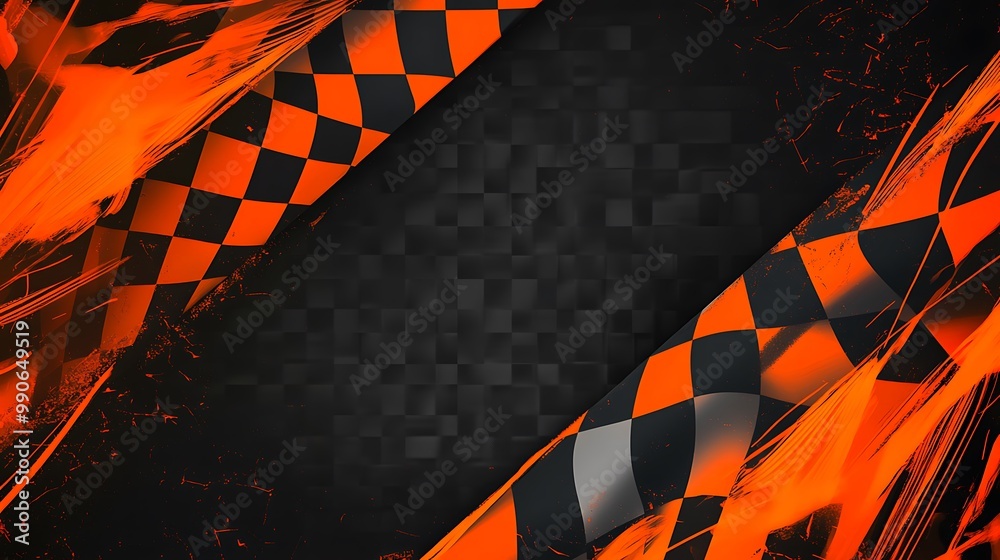 Poster Abstract checkered flag background with orange and black checkered flag and copy space.