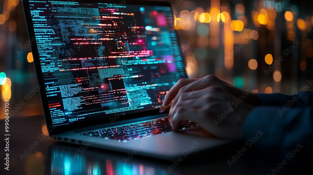 Poster a person coding on a laptop with colorful screen data at night in a modern workspace with out-of-foc
