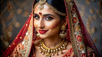 A portrait of a woman bride wearing a traditional Indian saree on her wedding day.