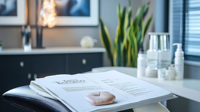 A serene spa setting with a treatment menu and skincare products displayed.