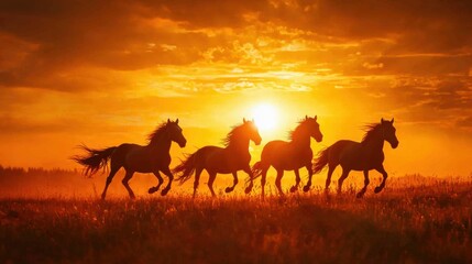 Obraz premium Silhouetted Horses Galloping at Dramatic Sunset in Expansive Meadow Landscape