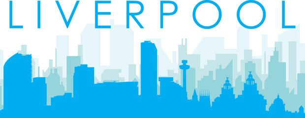 Obraz premium Blue panoramic city skyline poster with bluish misty transparent background buildings of LIVERPOOL, UNITED KINGDOM