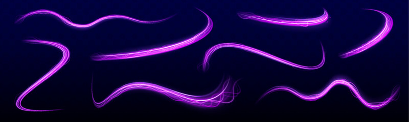 Set of neon blurry light circles at motion. Vibrant pink, purple, and blue lines creating dynamic abstract art on a dark background. Lines in the shape of a comet against a dark background.	