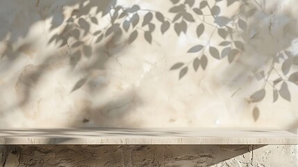 Wooden table and plant shadow on the wall.