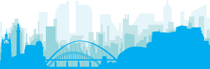 Blue panoramic city skyline poster with bluish misty transparent background buildings of NEWCASTLE, UNITED KINGDOM