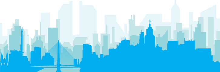 Blue panoramic city skyline poster with bluish misty transparent background buildings of SAO PAULO, BRAZIL