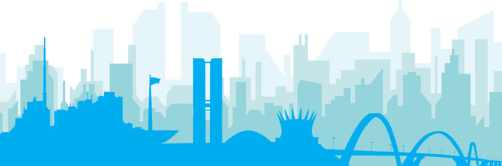 Obraz premium Blue panoramic city skyline poster with bluish misty transparent background buildings of BRASILIA, BRAZIL