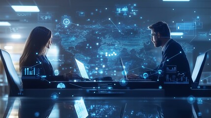 Business professionals collaborating with digital interfaces in a modern office setting during the day