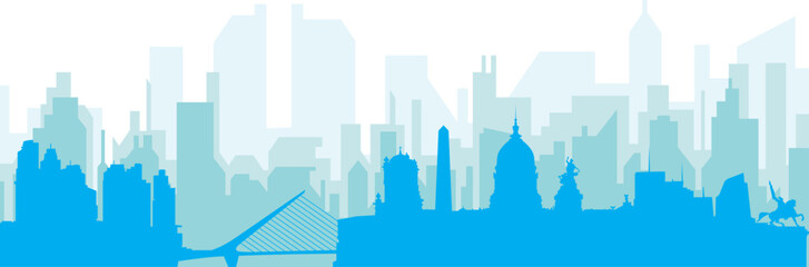 Fototapeta premium Blue panoramic city skyline poster with bluish misty transparent background buildings of BUENOS AIRES, ARGENTINA