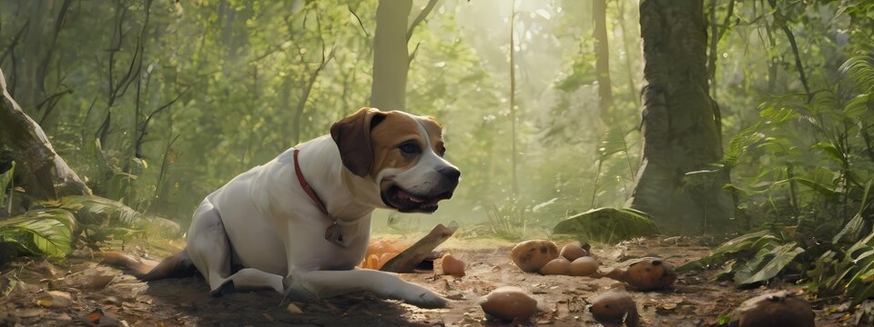 Cute dog in forest. Highly detaild ultrawide illustration in 32:9 aspect ratio