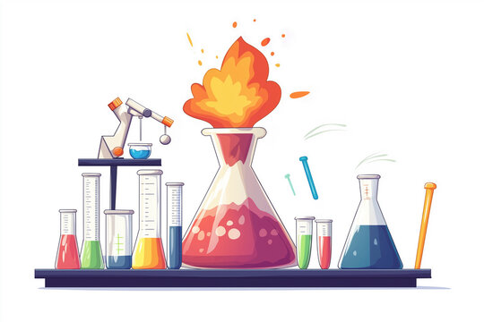 Engaging science kit design for kids featuring lab dishes, test tubes, and a cartoon volcano eruption