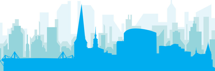 Blue panoramic city skyline poster with bluish misty transparent background buildings of DORTMUND, GERMANY