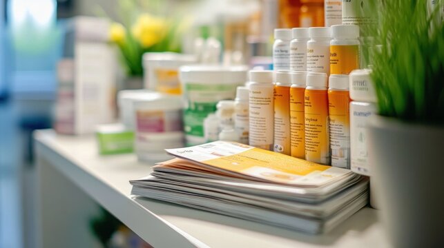 A shelf displaying various pharmaceutical products and informational brochures.
