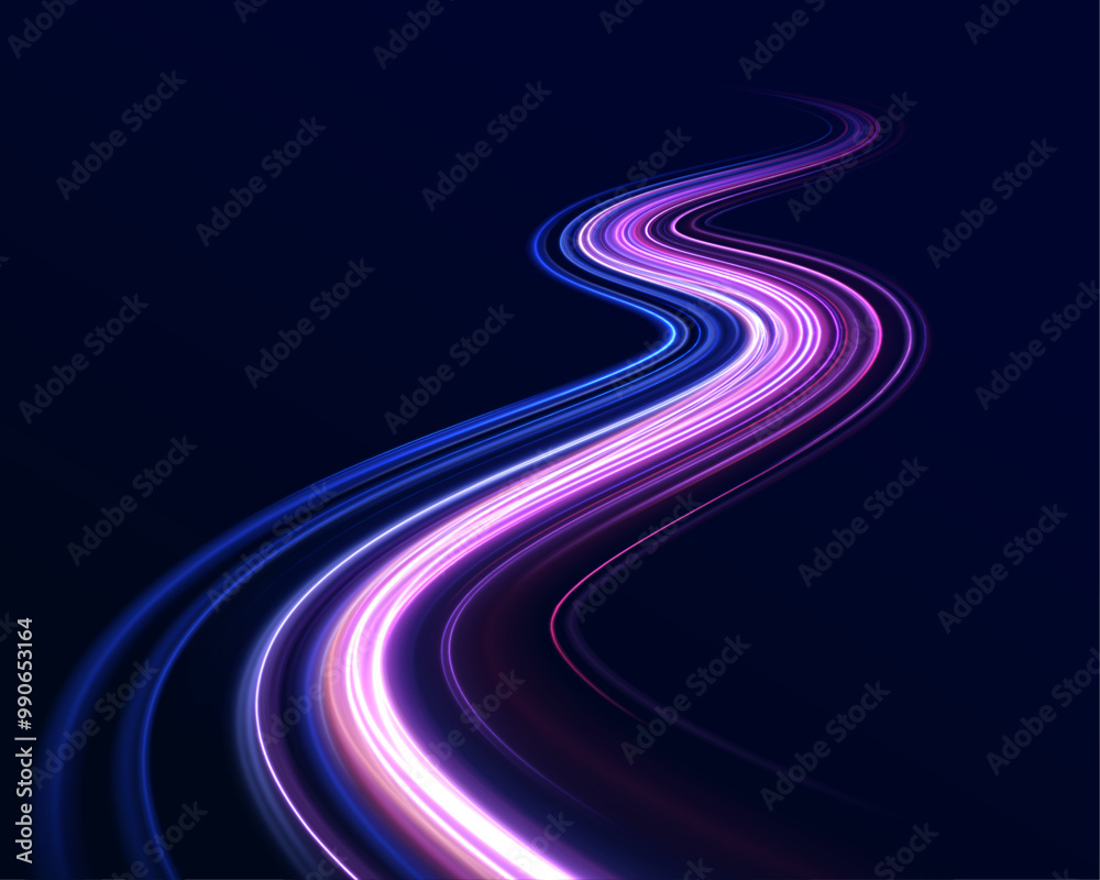 Poster Lines in the shape of a comet against a dark background. Vortex streams of neon light. Glitter sparkle star trail, light effect, abstract waves flow vector illustration. 