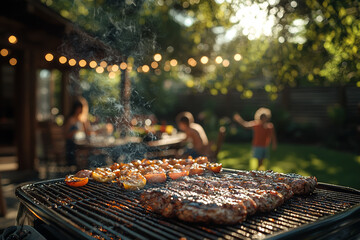 A family enjoying a backyard barbecue, with the grill smoking and kids playing in the background.