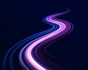 Lines in the shape of a comet against a dark background. Vortex streams of neon light. Glitter sparkle star trail, light effect, abstract waves flow vector illustration. 