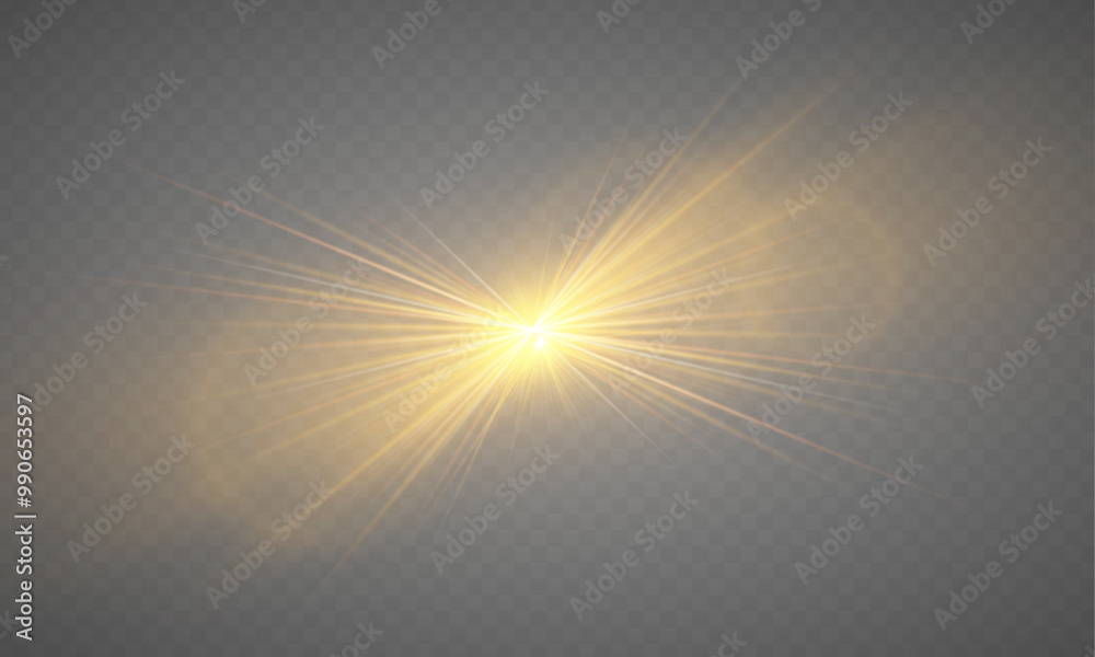 Poster realistic yellow glowing light explodes on transparent background. sunlight with gold rays. blur in 