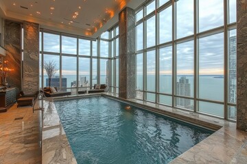 Obraz premium Indoor swimming pool with panoramic window view