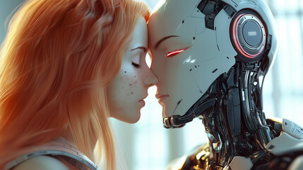A half-man, half-robot embraces a robotic girl in a futuristic setting, sharing a moment of affection and connection