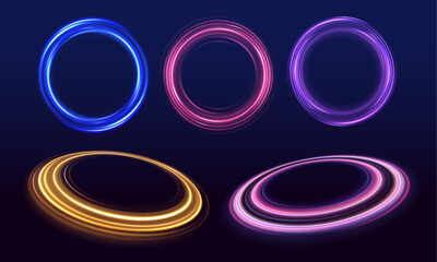 Set of neon blurry light circles at motion. Space tunnel. Light everyday glowing effect. Abstract neon color glowing lines background.	