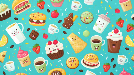 Cute food patterns on turquoise background, vector illustration with cute patterns of various snacks such as cakes, pastries and coffee cups scattered on the surface