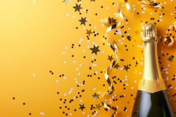 A sparkling champagne bottle stands proudly against a shimmering gold background, surrounded by confetti stars and vibrant party streamers, creating an enchanting festive atmosphere.