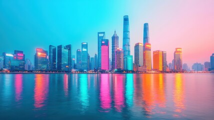 Fototapeta premium Futuristic city skyline at night, vibrant lights glowing from skyscrapers, bright reflections on a river, dynamic urban scene, glowtime, vibrant city shine